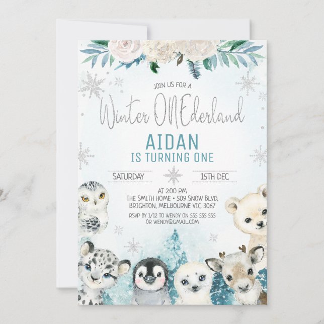 Invitación Invierno verde azulado de los Animales de Invierno (Anverso)