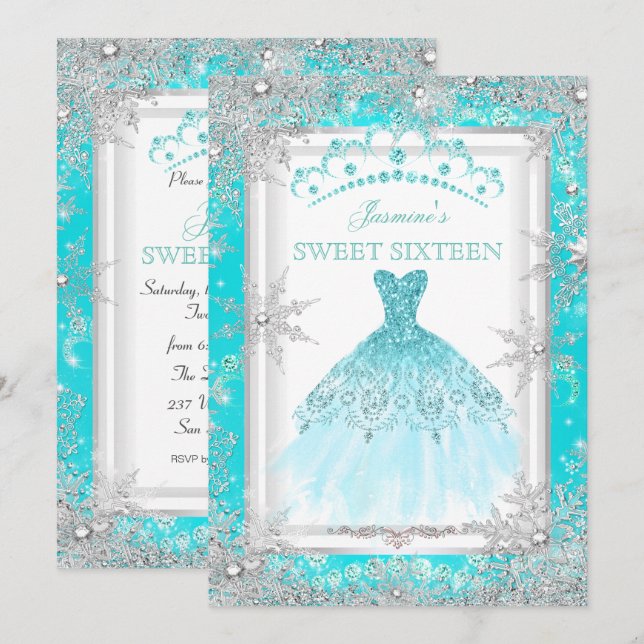 Invitación Invierno verde azulado Wonderland Sweet 16 Fiesta (Anverso / Reverso)