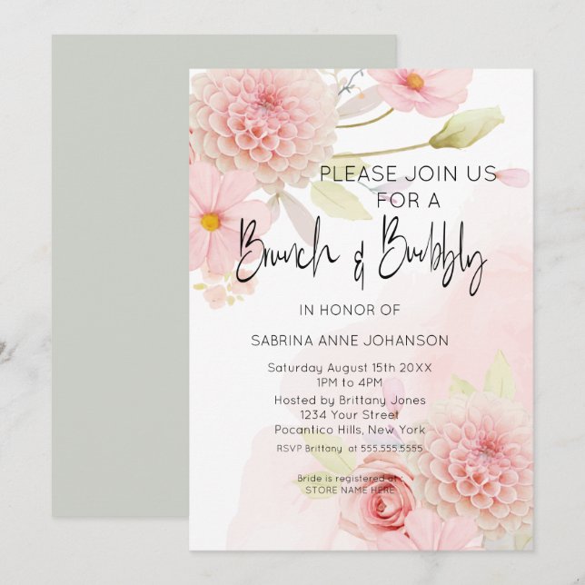 Invitación Invita Brunéi y Bubbly Pink Floral Bridal (Anverso / Reverso)