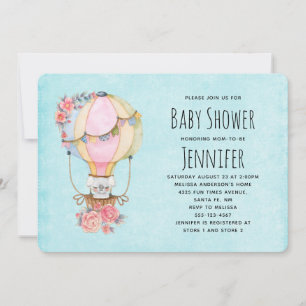 Invitación Invita de Baby Shower Acuarela Globo Aerostático L