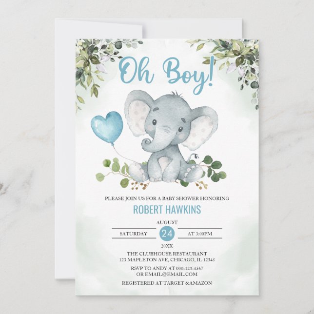 Invitación Invita de Baby Shower de elefante cutto boy (Anverso)