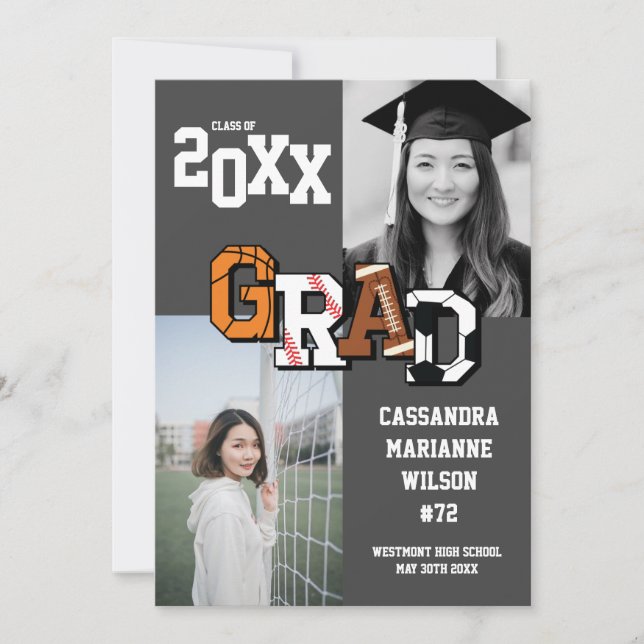 Invitación Invita de fútbol de baloncesto de graduación depor (Anverso)