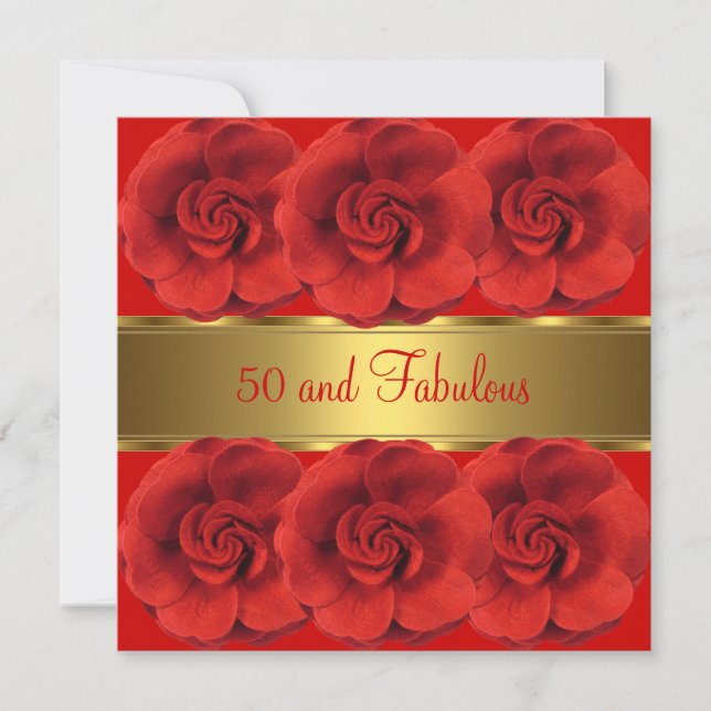 Invitación Invita Flores Rojas Oro 50 y Fabuloso (Anverso)