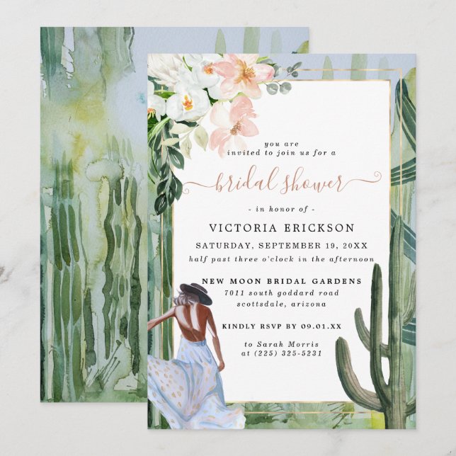 Invitación Invita nupcial floral del desierto de Cactus en Bo (Anverso / Reverso)