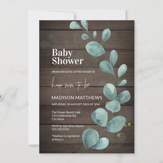 Invitación Invita Rustic Wood Eucalyptus Greenery Baby Shower (Anverso)