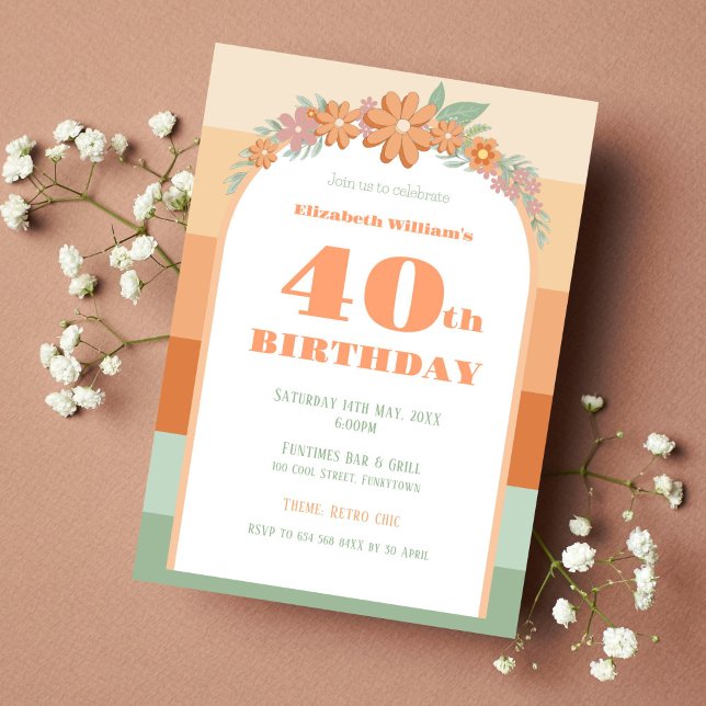 Invitación Invitación, 40º cumpleaños - Flores retro pastel (Subido por el creador)