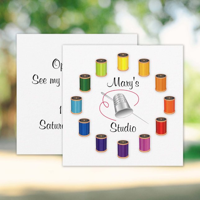 Invitación ¡Invitación a tu estudio! (Invitation to your Studio!
Silver thimble, needle and vivid color wheel of threads design. )