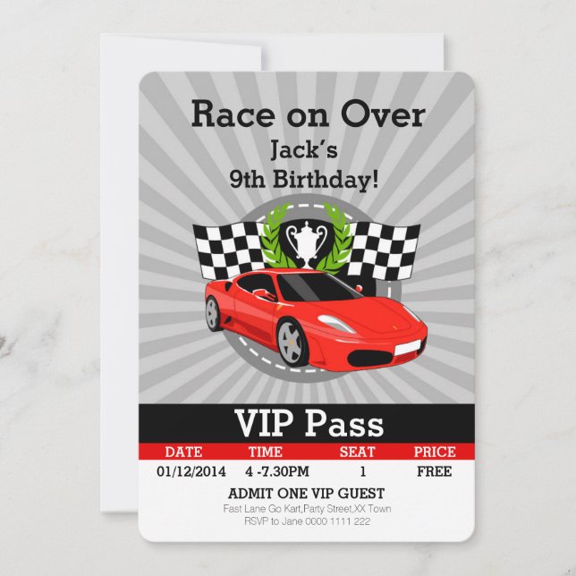 Invitación ¡Invitación al cumpleaños del pase VIP de Race Car (Anverso)