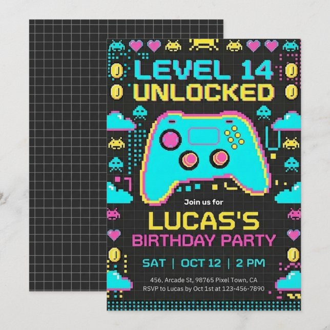 Invitación =Invitación de cumpleaños de videojuegos Fiesta de (Anverso / Reverso)
