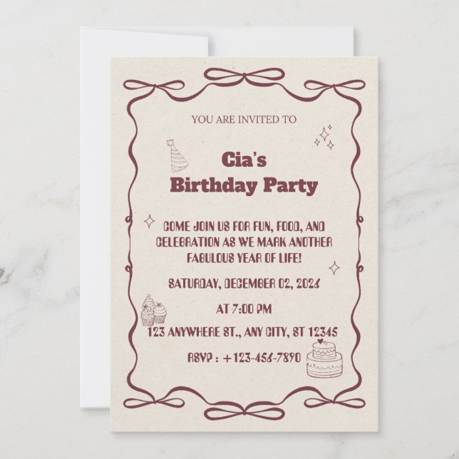 Invitación "Invitación de cumpleaños elegante en beige" (Anverso)