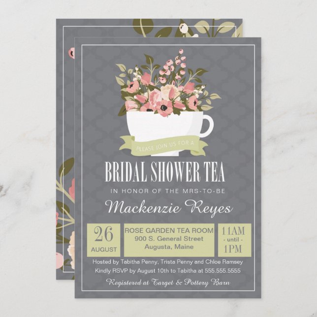 Invitación Invitación, verde salvia y rosa nupciales del té (Anverso / Reverso)