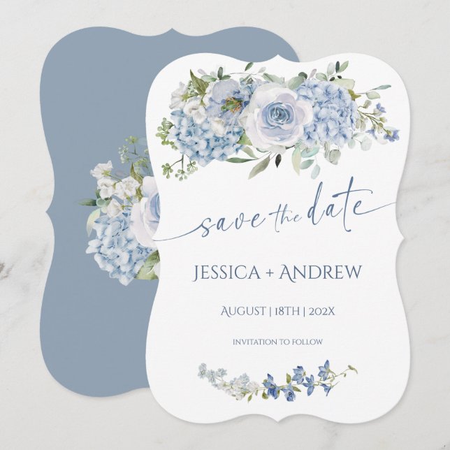 Invitación InvitaciónElegante Boda Floral Azul Guardar los da (Anverso / Reverso)