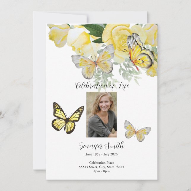 Invitación invitada por funeral de mariposa de ros (Anverso)