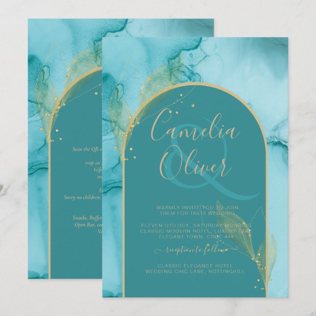 Invitación INVITADO DE Boda Verde azulada Turquesa de Oro Res (Anverso / Reverso)