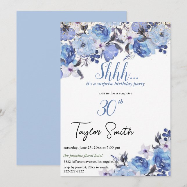 Invitación invitado Fiesta floral elegante azul de sorpresas (Anverso / Reverso)