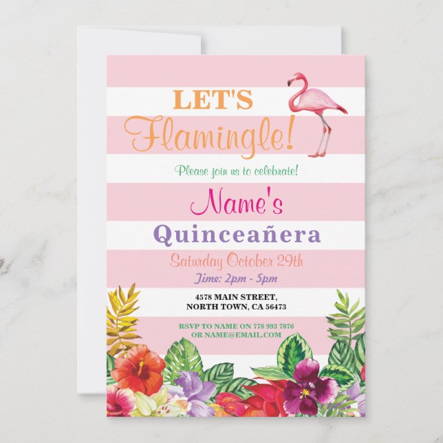 Invitación Invitamos a Fiesta de Flamingle Flamingo Quinceane (Anverso)