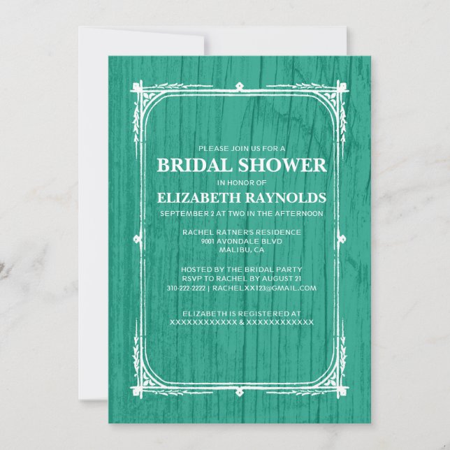 Invitación Invitan a ducha de novia turquesa de madera de pin (Anverso)
