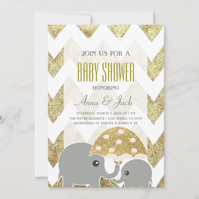 Invitación Invitan a Fiesta Baby Shower de Elephant Gold (Anverso)