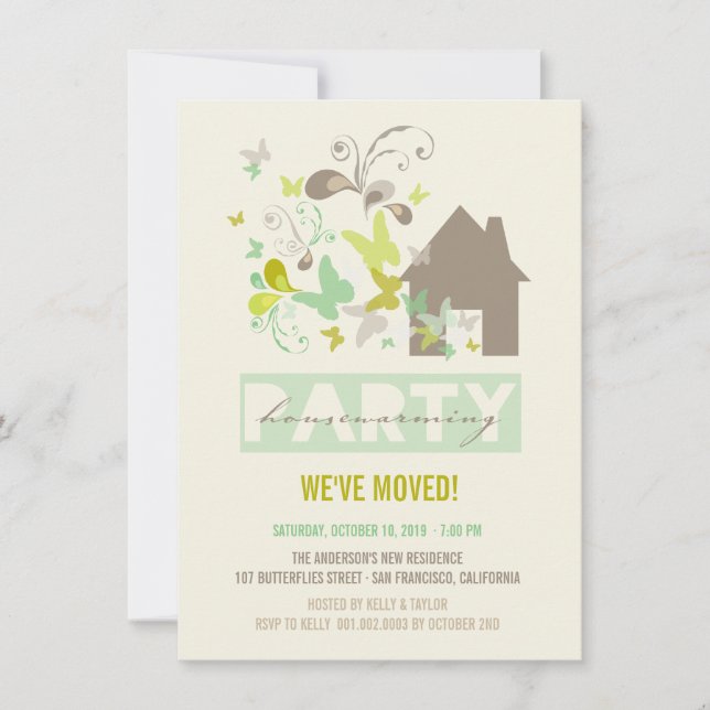 Invitación Invitan a Fiesta con calentamiento a mariposas ver (Anverso)