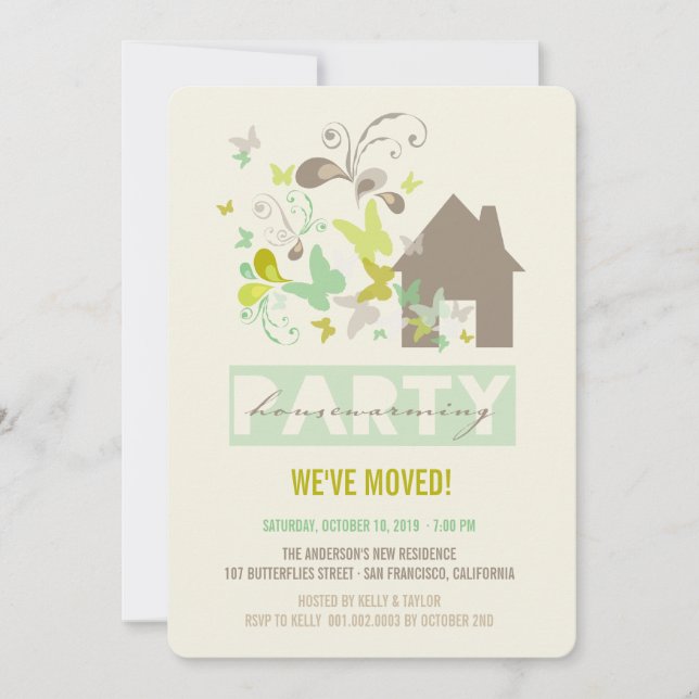Invitación Invitan a Fiesta con calentamiento a mariposas ver (Anverso)