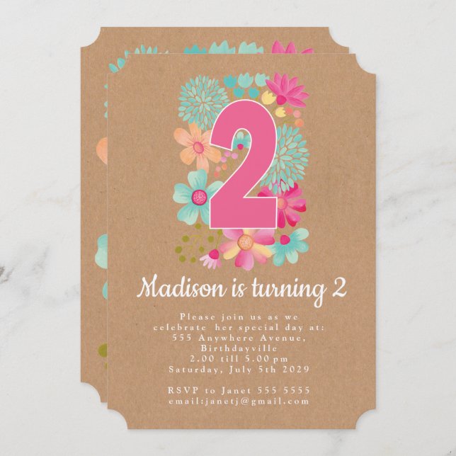 Invitación Invitan a Fiesta de 2º cumpleaños de Kraft Chicas  (Anverso / Reverso)