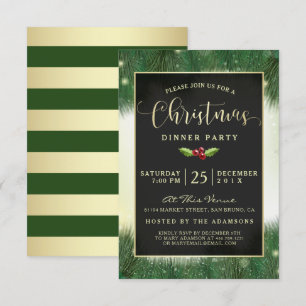 Invitación Invitan a Fiesta de cena de Navidades verdes y dor
