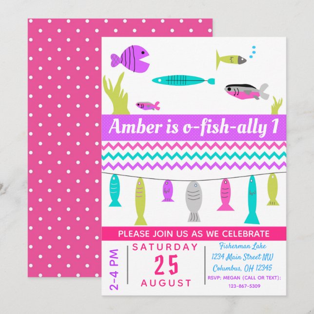 Invitación Invitan a Fiesta de cumpleaños de chicas que pesca (Anverso / Reverso)