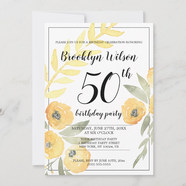 Invitación Invitan a fiesta de cumpleaños floral amarilla (Anverso)