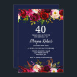 Invitación Invitan a Fiesta de floral de borgoña 40 cumpleaño<br><div class="desc">Invitación a la Fiesta del 40º cumpleaños de Navy Blue Burgundy Floral Elegant Ver colección de coincidencias en la tienda Nest y Niche</div>