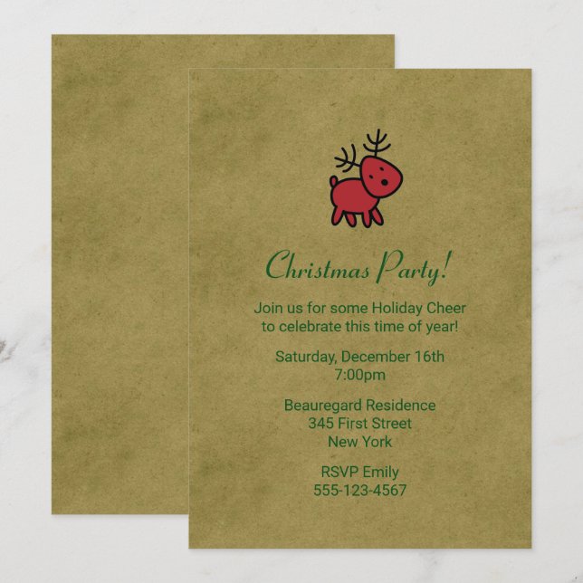Invitación Invitan a Fiesta de Ilustracion de renos de Navida (Anverso / Reverso)