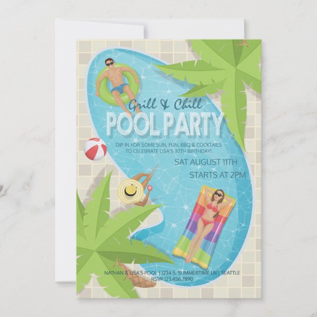 Invitación Invitan a Fiesta de la piscina de cumpleaños para  (Anverso)