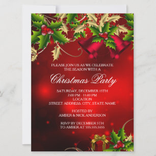 Invitación Invitan a Fiesta de Navidades rojos Holly Leaves y