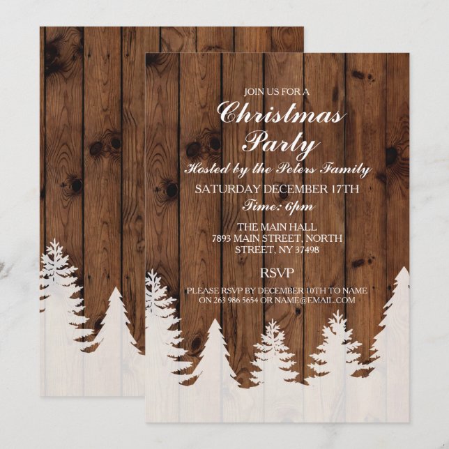 Invitación Invitan a Fiesta de Navidades rústicos de madera d (Anverso / Reverso)