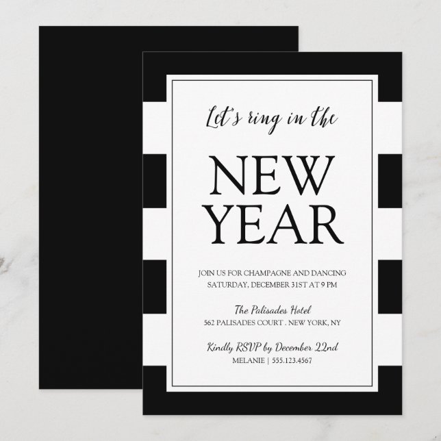 Invitación Invitan a Fiesta de Nochevieja blanco y negro mode (Anverso / Reverso)