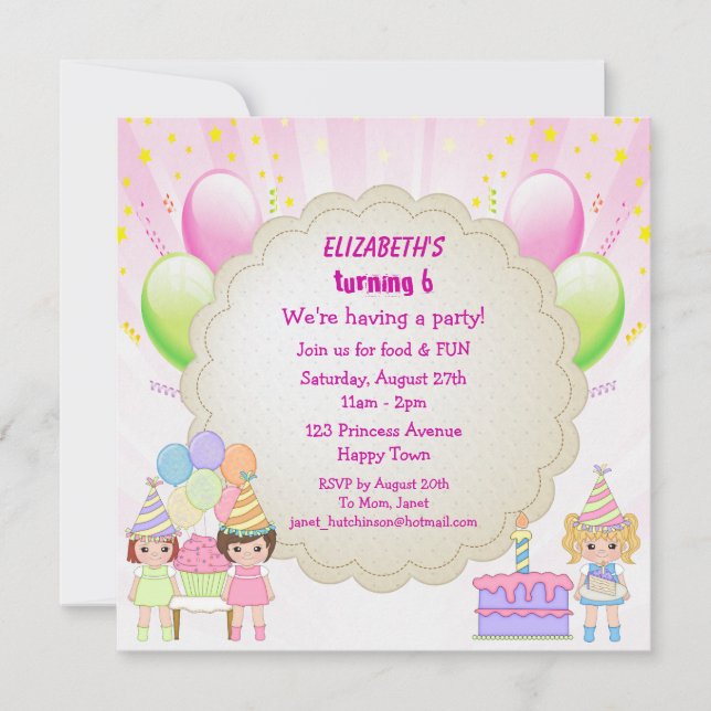 Invitación Invitan a Fiesta de pastel de cumpleaños y globos (Anverso)