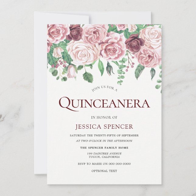 Invitación Invitan a Fiesta de Quinceanera y Rosas de Borgoña (Anverso)