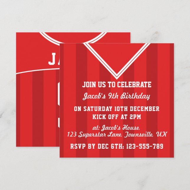 Invitación Invitan a Fiesta temática de Jersey al fútbol, roj (Anverso / Reverso)