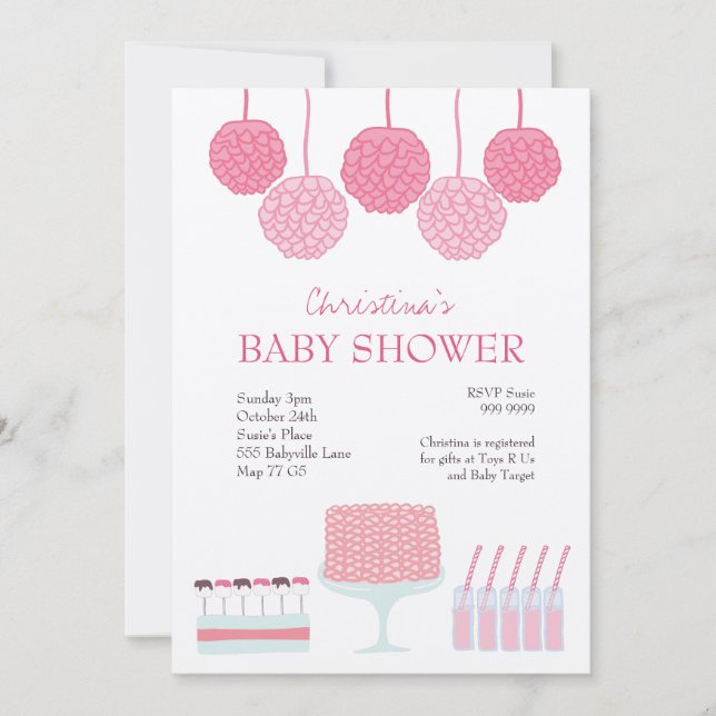 Invitación Invitan a Fiestas rosados Baby Shower Ruffle Cake  (Anverso)