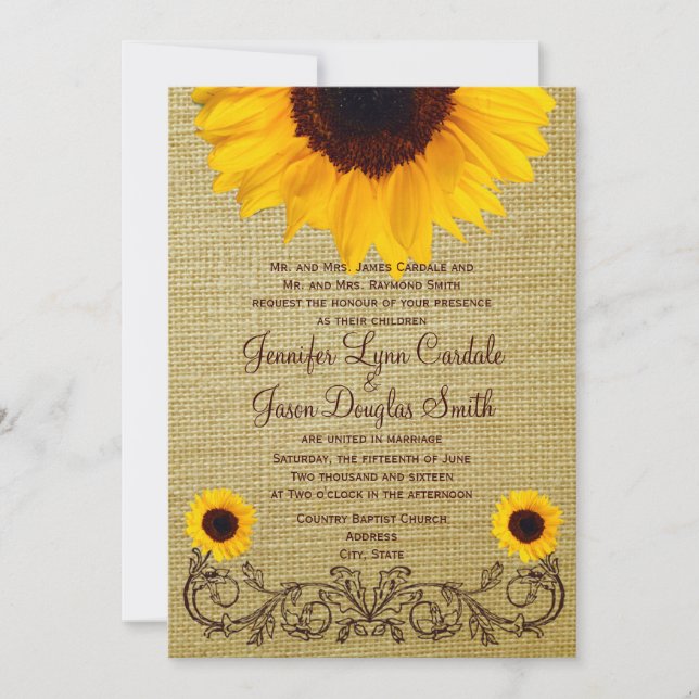 Invitación Invitan a la boda de Sunflower Burlap, un país rus (Anverso)