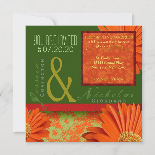 Invitación Invitan a la boda floral del Naranja Verde Preppy  (Anverso)