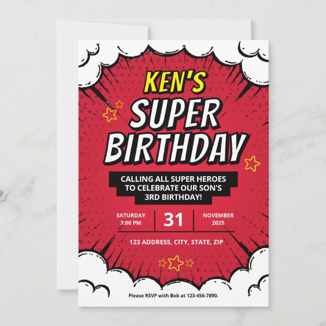 Invitación Invitan a la fiesta de cumpleaños de Super Hero Ed (Anverso)