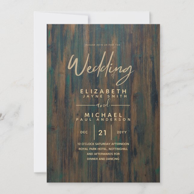 Invitación Invitan a la moderna boda de oro de madera rusa (Anverso)