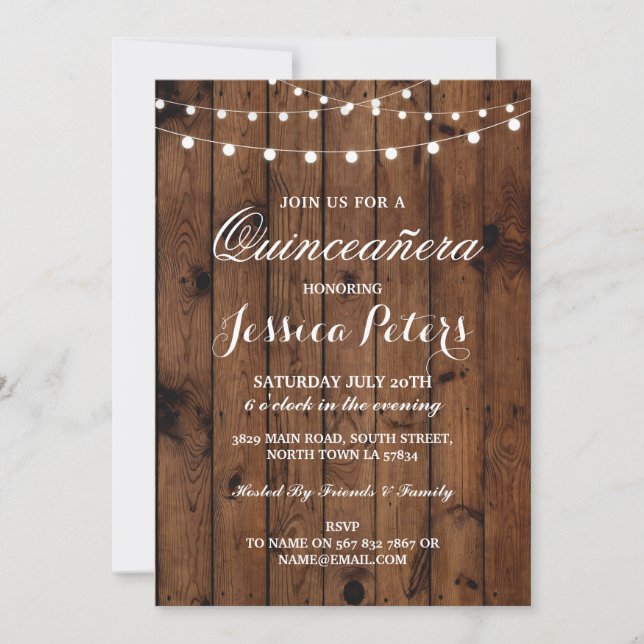 Invitación Invitan a la Quinceanera Rústica Fiesta Luces de M (Anverso)