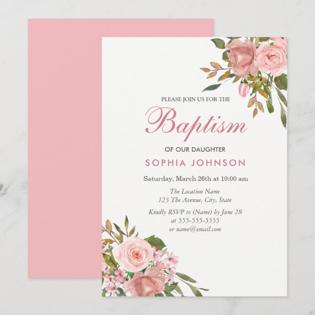 Invitación Invitan a los Chicas del bautismo Rosa de flores d (Anverso / Reverso)
