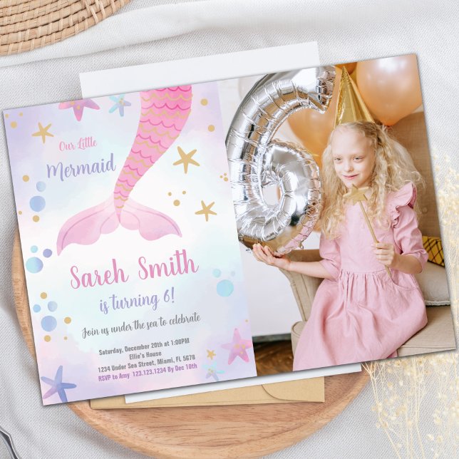 Invitación Invitan a los niños personalizados bajo el mar Fie (Pink Mermaid Birthday Invitations with photo)