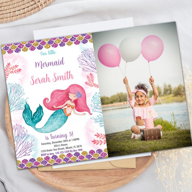 Invitación Invitan a los niños personalizados bajo el mar Fie (Green Mermaid Birthday Invitations with photo)