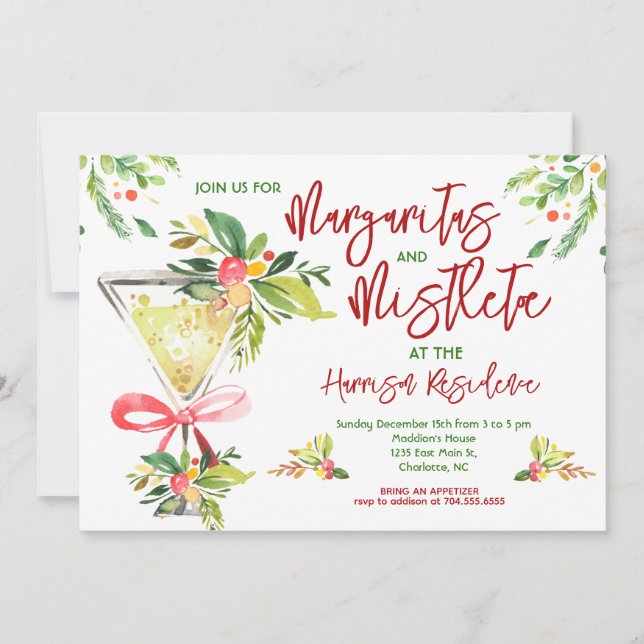 Invitación Invitan a Margaritas y Navidades Mistletoe Fiesta (Anverso)