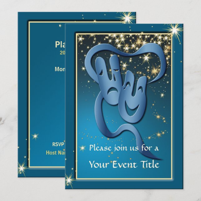 Invitación Invitan a Personalizado de mascara de teatro azul  (Anverso / Reverso)