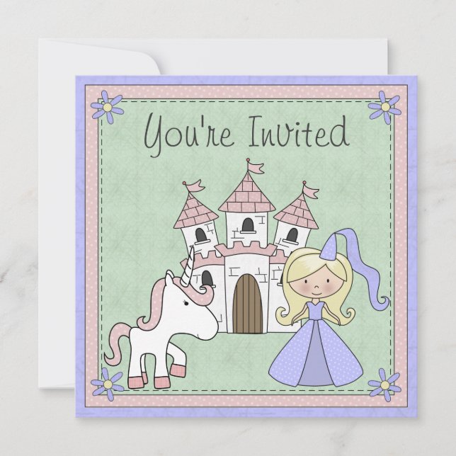 Invitación Invitan a princesa rubia y cumpleaños de unicornio (Anverso)