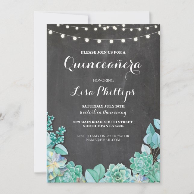 Invitación Invitan a Quinceanera Birthday Party Chalk Succule (Anverso)